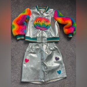 BabySara size 5 vibrant rainbow & metallic bomber jacket & matching skirt